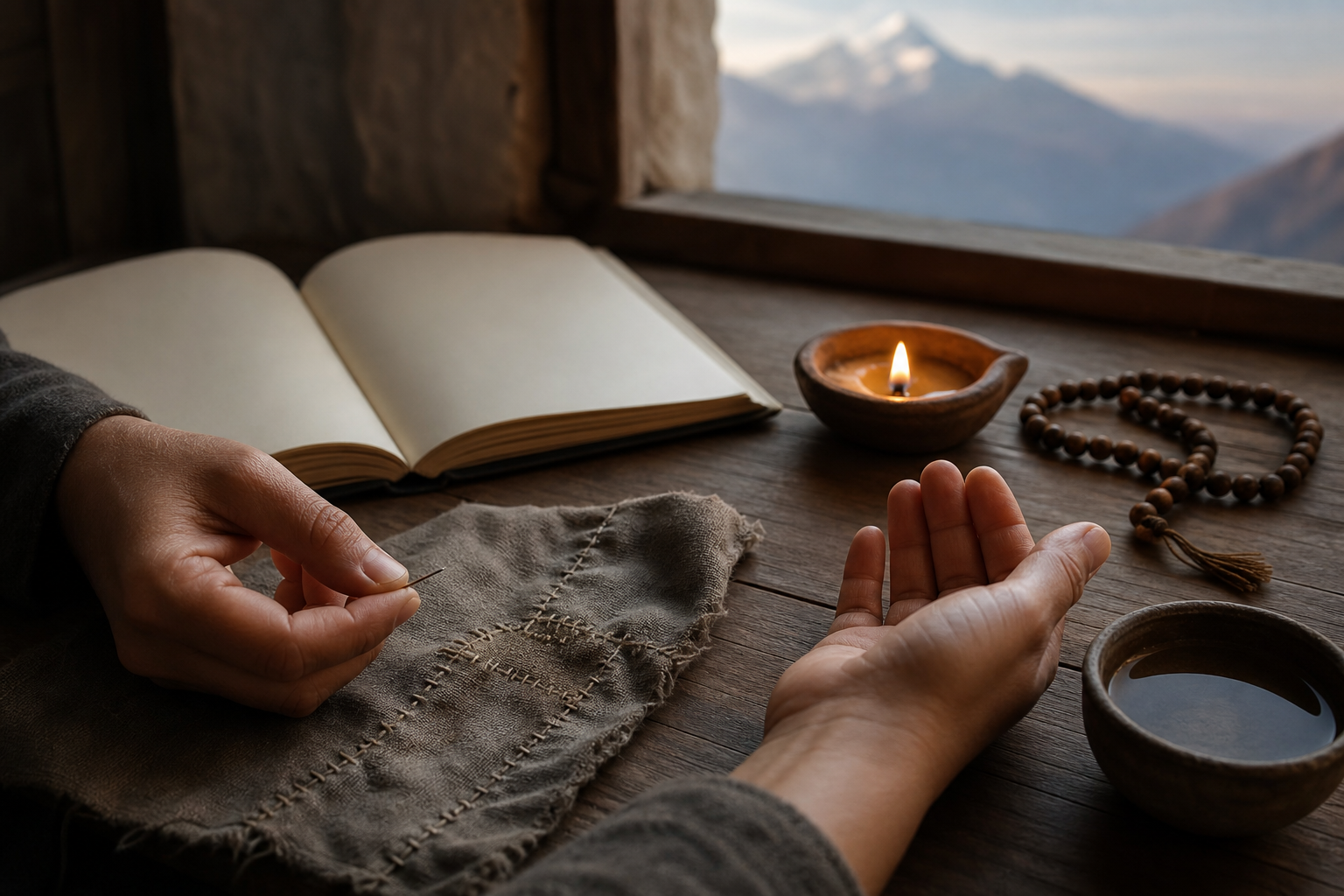 Hands pause over a mended cloth beside a blank journal, prayer beads, water bowl, and clay lamp on a wooden table at dawn.