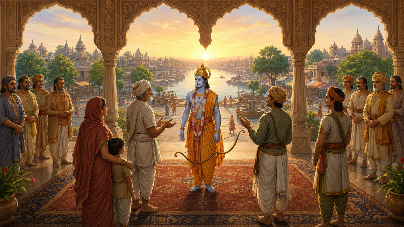 Shri Ram listens to citizens in an open royal pavilion while a peaceful riverside city functions in the background.