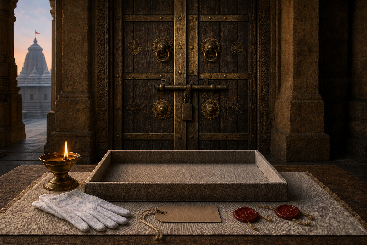 A closed traditional treasury door behind an empty conservation tray, cotton gloves, an oil lamp, and intact seals.