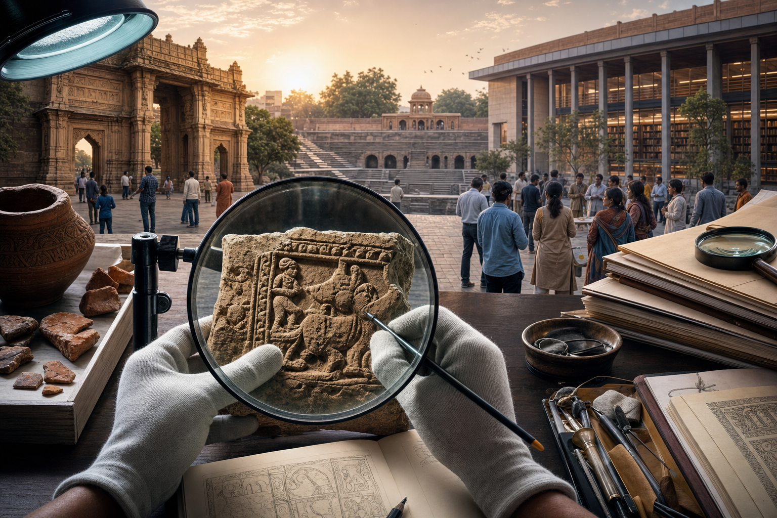 Gloved hands examine a carved stone fragment with a magnifying lens as people gather in a civic square framed by historic and modern Indian architecture.