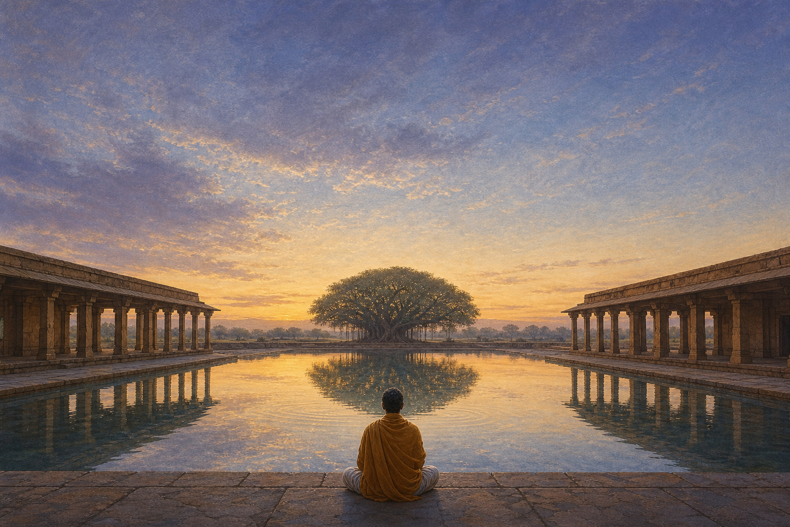 A seated seeker beside a reflecting pool in a sandstone courtyard as small ripples cross the water beneath a predawn sky.