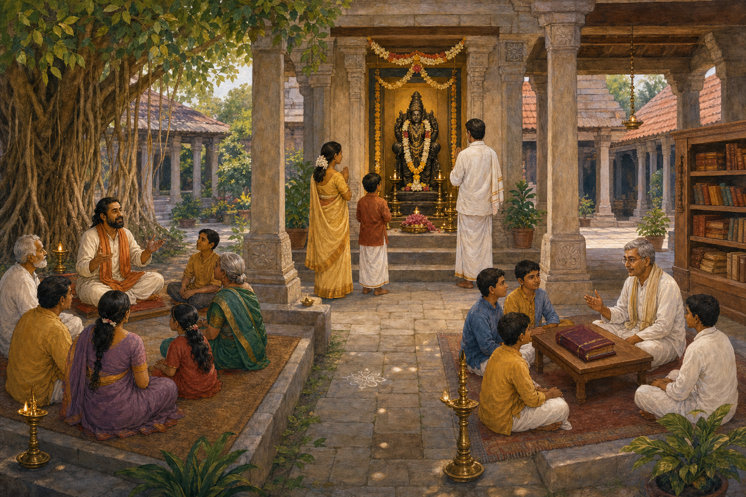 A storyteller with listeners, devotees before a lamp-lit murti, and a teacher with students around a closed scripture occupy three connected courtyard spaces.