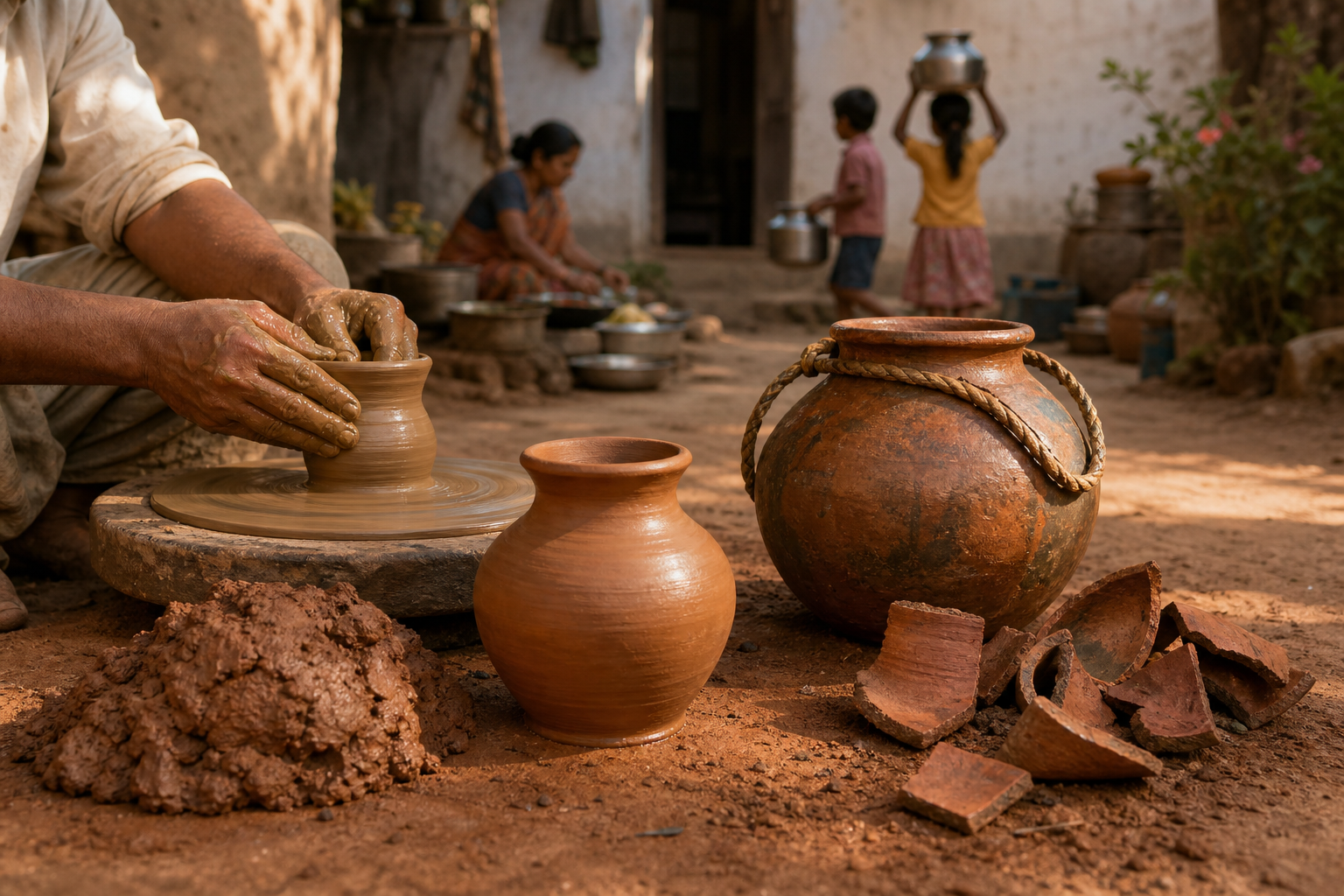 Raw clay, a shaped vessel, a water pot, and broken pottery rest on reddish earth while a potter works in a household courtyard.