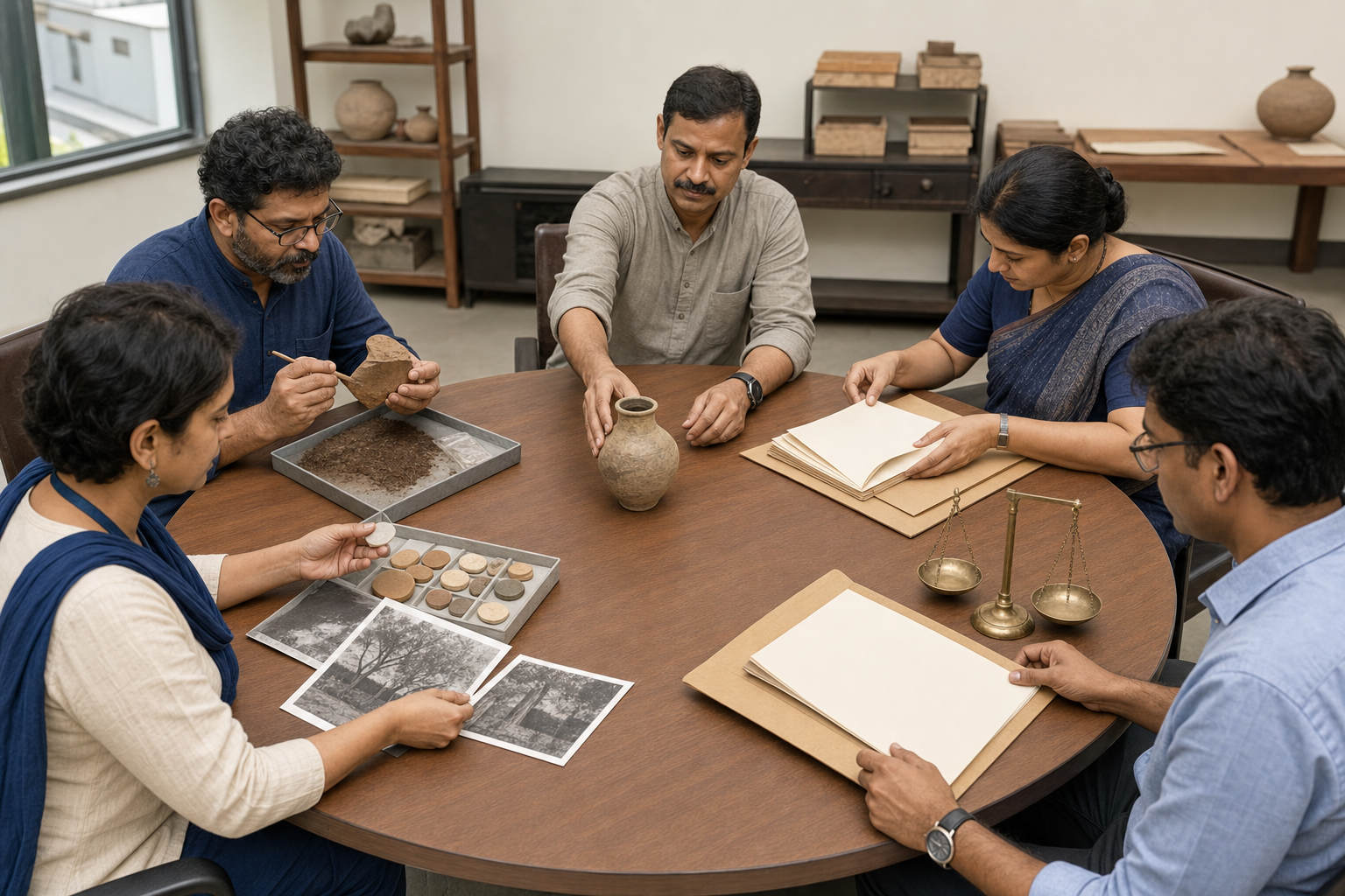 Five researchers at a circular table examine pottery, soil, archival pages, legal materials and field photographs using different methods.