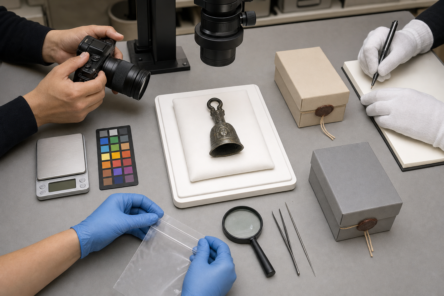 A ceremonial metal object on a padded support surrounded by inventory, photography, weighing, and conservation equipment.