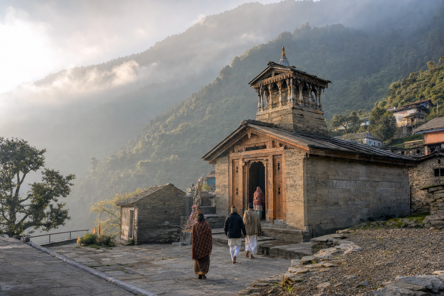 Yog Dhyan Badri temple in Pandukeshwar at dawn, with pilgrims approaching along a stone path and forested Himalayan slopes behind it.