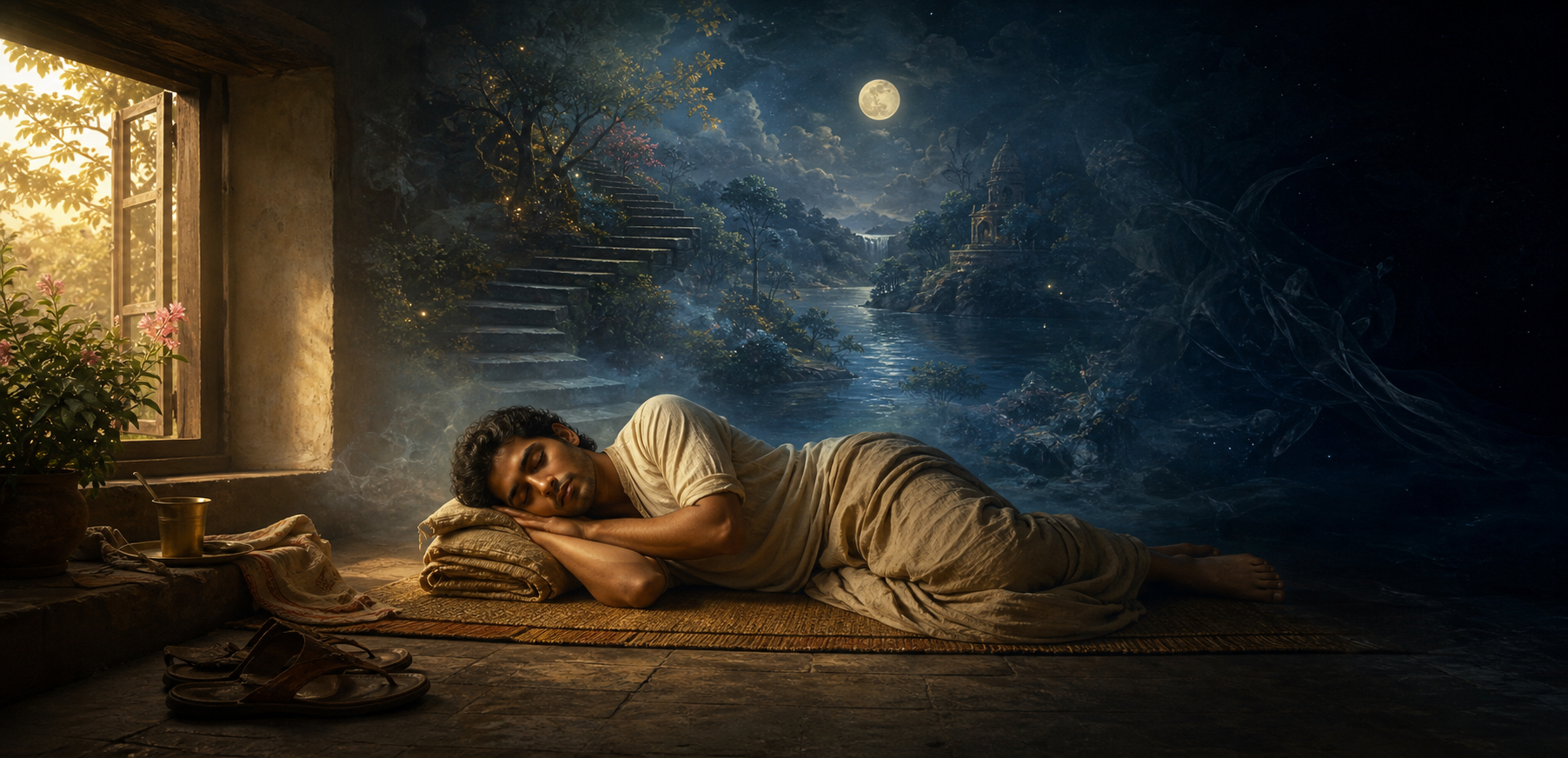 A person sleeps on a woven mat between a sunlit room, a translucent dream landscape, and a dark indigo space.