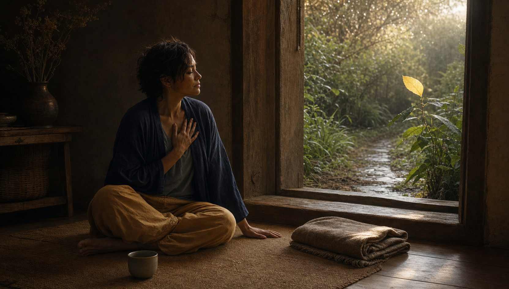 An adult sits beside an open doorway at dawn, with a folded blanket and cup inside and a rain-washed garden illuminated outside.