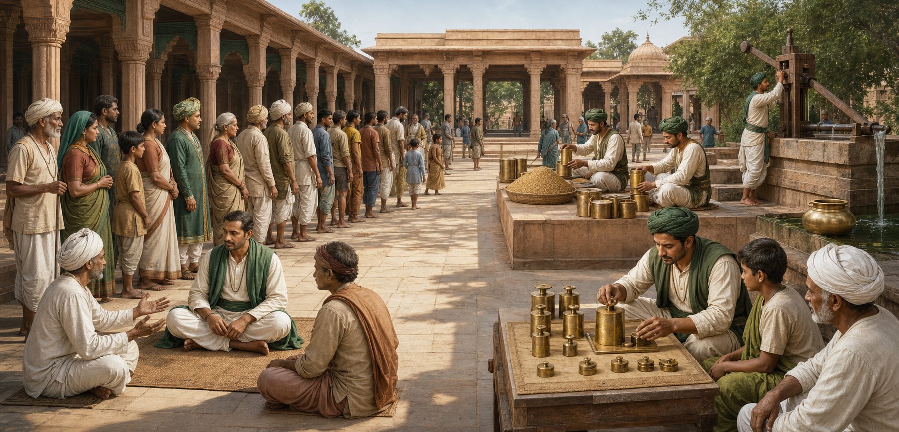 Residents observe officials measuring grain, checking weights, hearing disputes, and managing a public water cistern in an open courtyard.