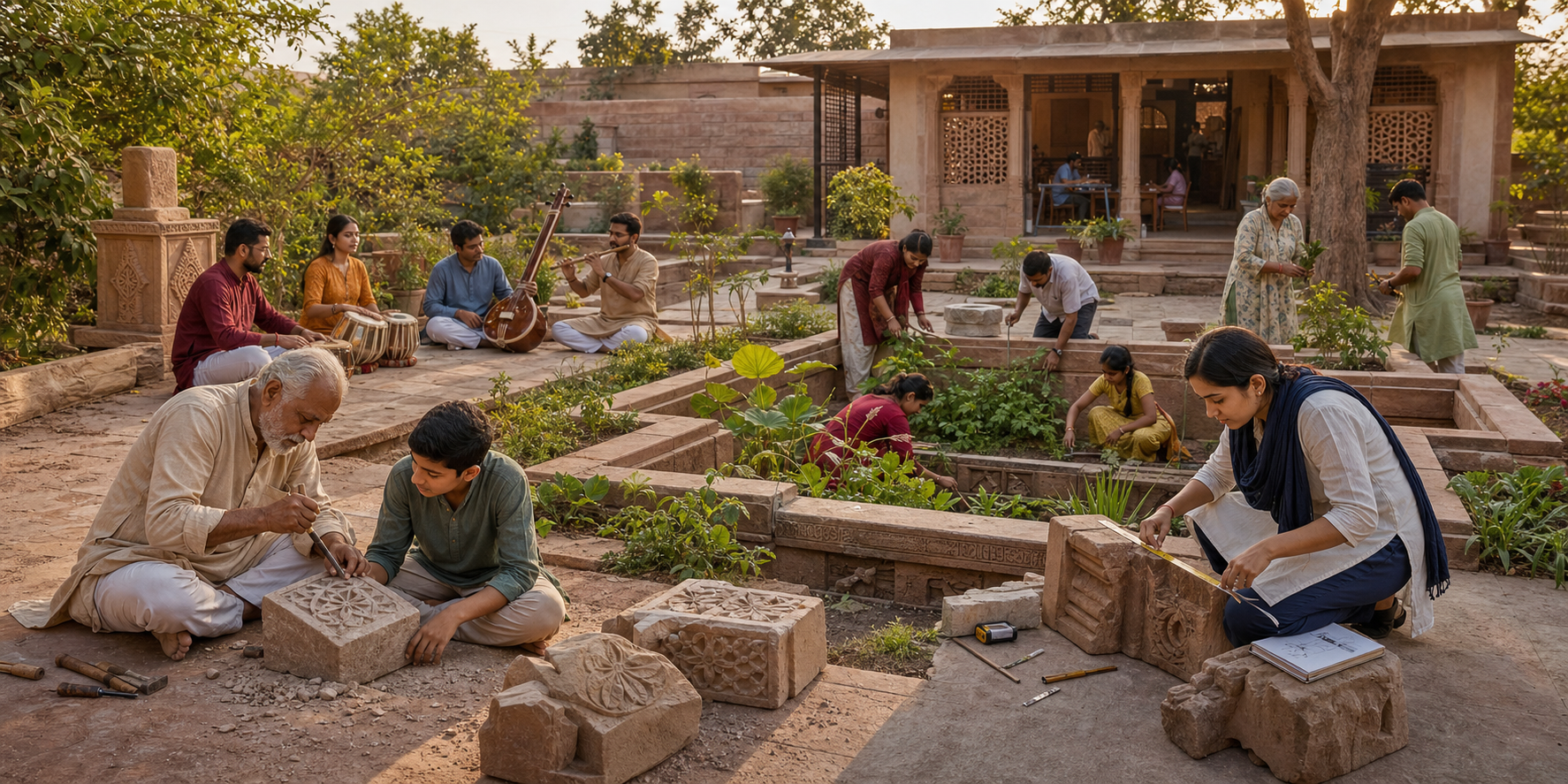 Artisans, conservators, musicians and families share traditional skills in a courtyard connecting old stonework with a modern learning center.