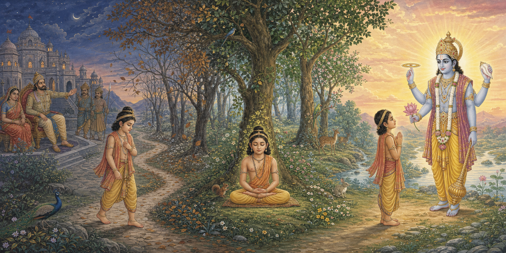 A continuous scene shows the child Dhruva leaving a palace, meditating in a forest, and standing before four-armed Vishnu.