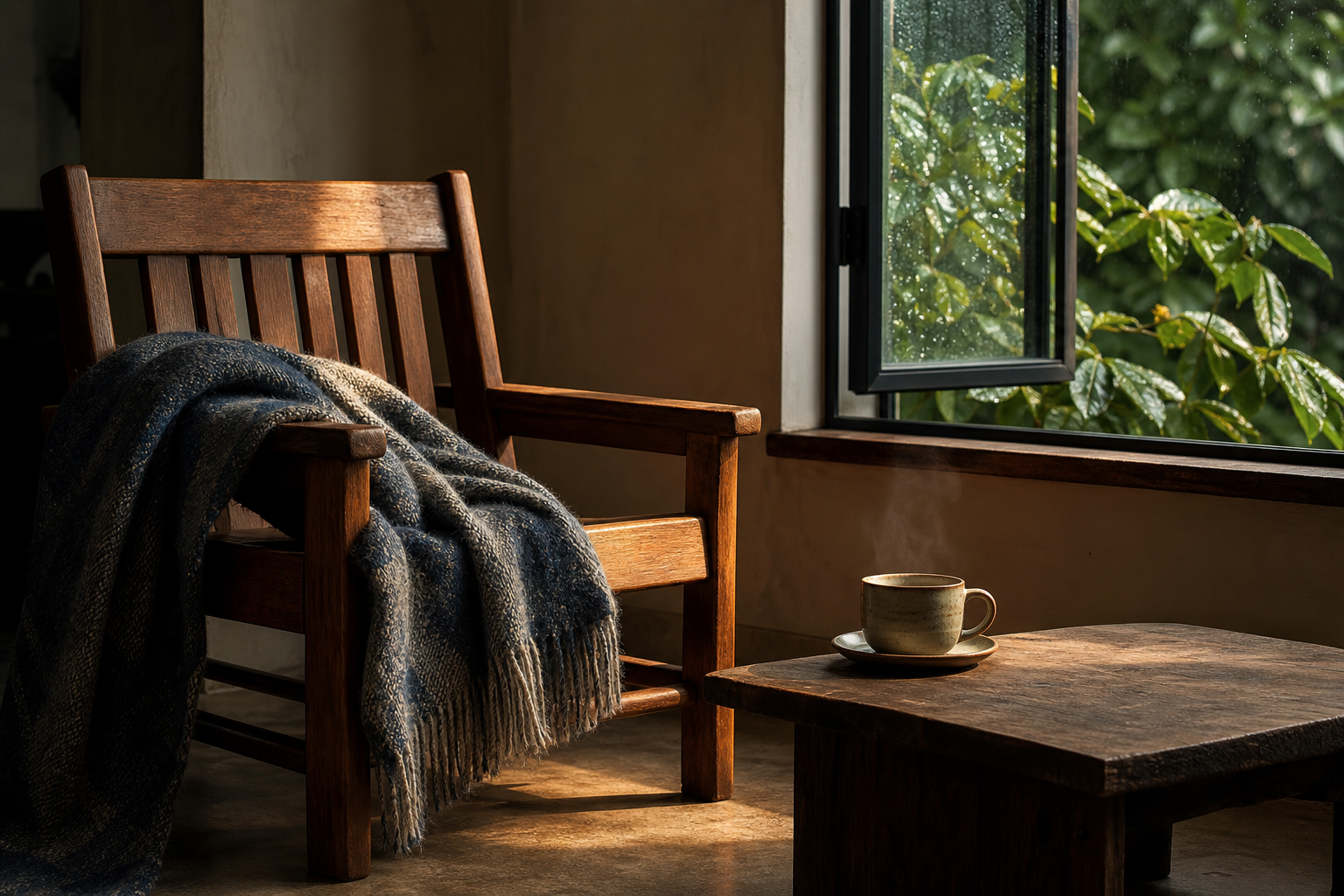 A blanket-covered chair, a steaming cup, and an open window form a quiet, sheltered corner after rainfall.