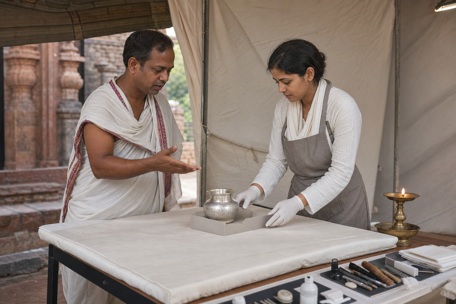 A temple ritual custodian and a conservator examine a ceremonial silver vessel supported on a padded table.