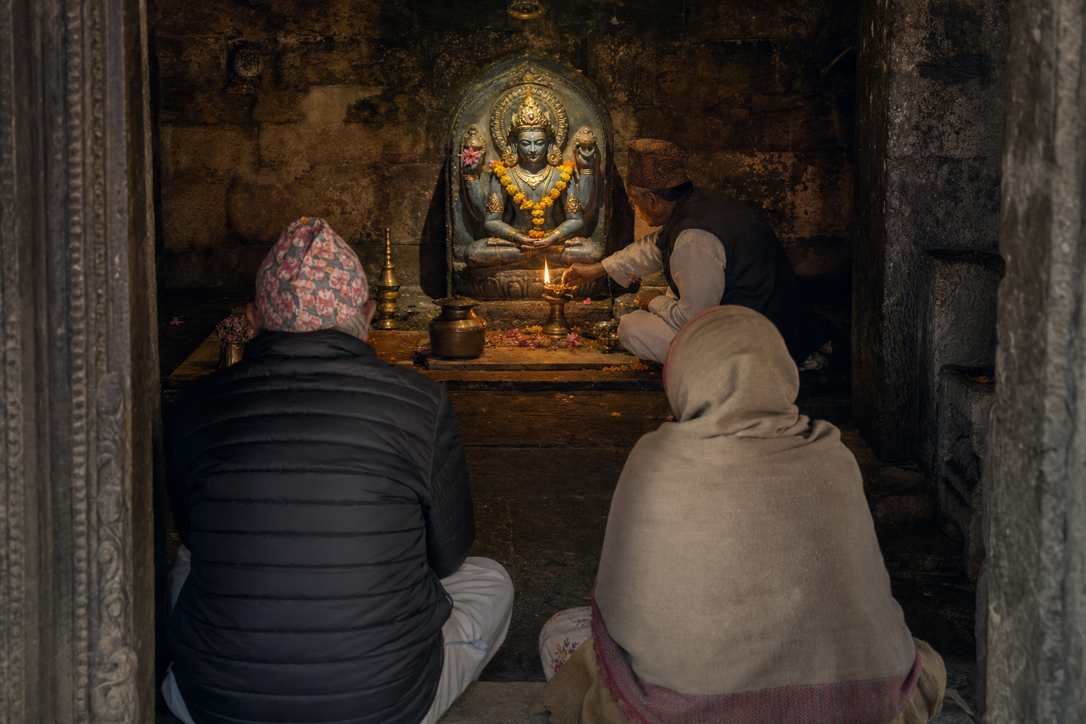 Two pilgrims sit quietly before a meditating Vishnu image while a priest tends an oil lamp inside a small stone sanctum.