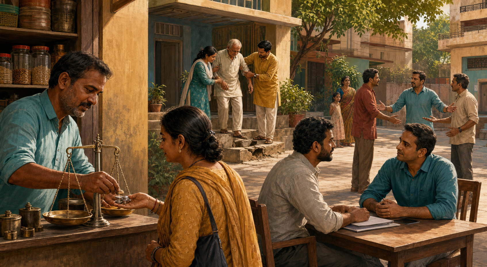 People in a modern neighborhood practice fairness at a shop, respectful listening at work, conflict restraint, and care for an elderly resident.