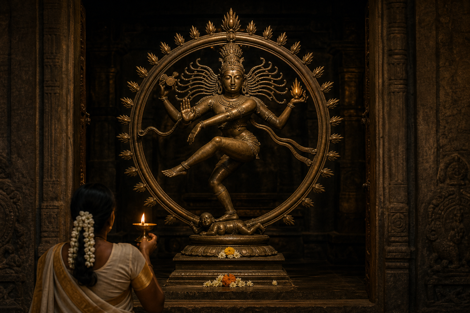 A devotee holding a brass lamp faces a four-armed bronze Nataraja murti inside a dark temple sanctum.