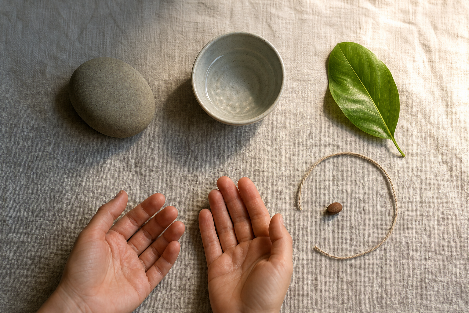 Five simple elements lie on linen: a stone, a bowl of water, a green leaf, two open hands, and a seed beside a curved thread.