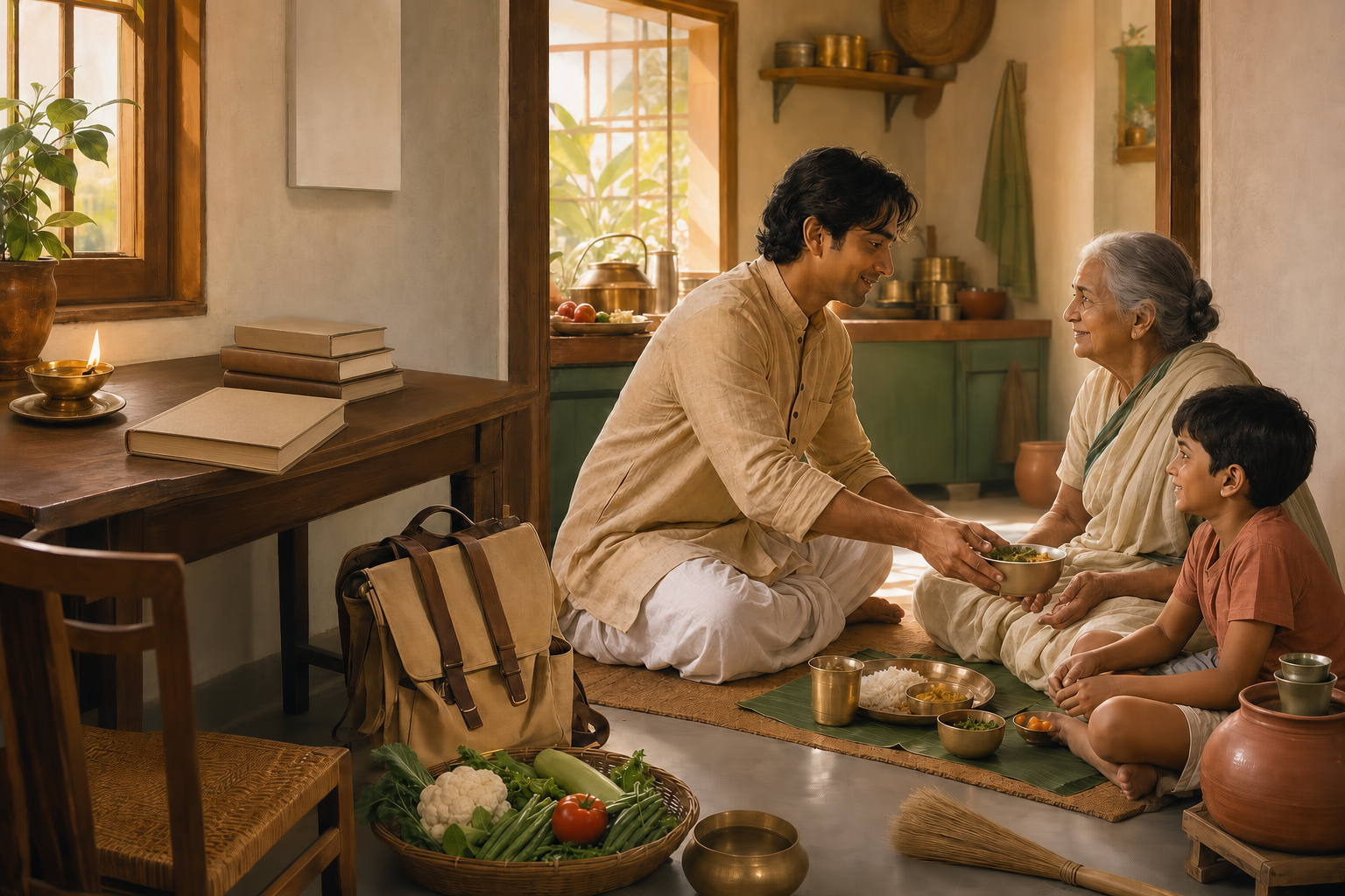 An adult in a dawn-lit home closes a blank book and serves food to an older relative and a child among everyday household objects.