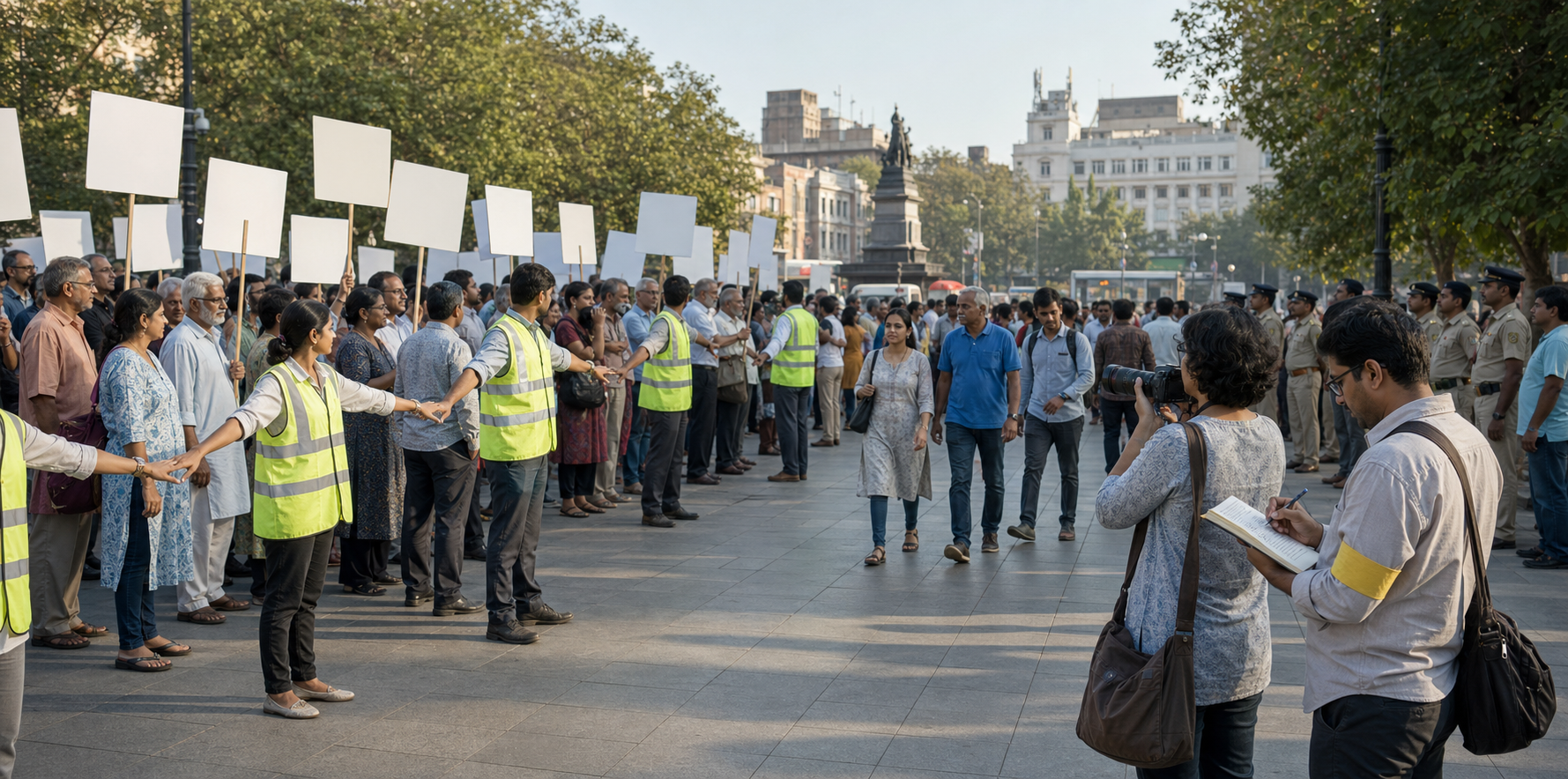 Peaceful demonstrators with blank placards gather in a public square while marshals, observers, a journalist and public-safety officers watch from separate positions.