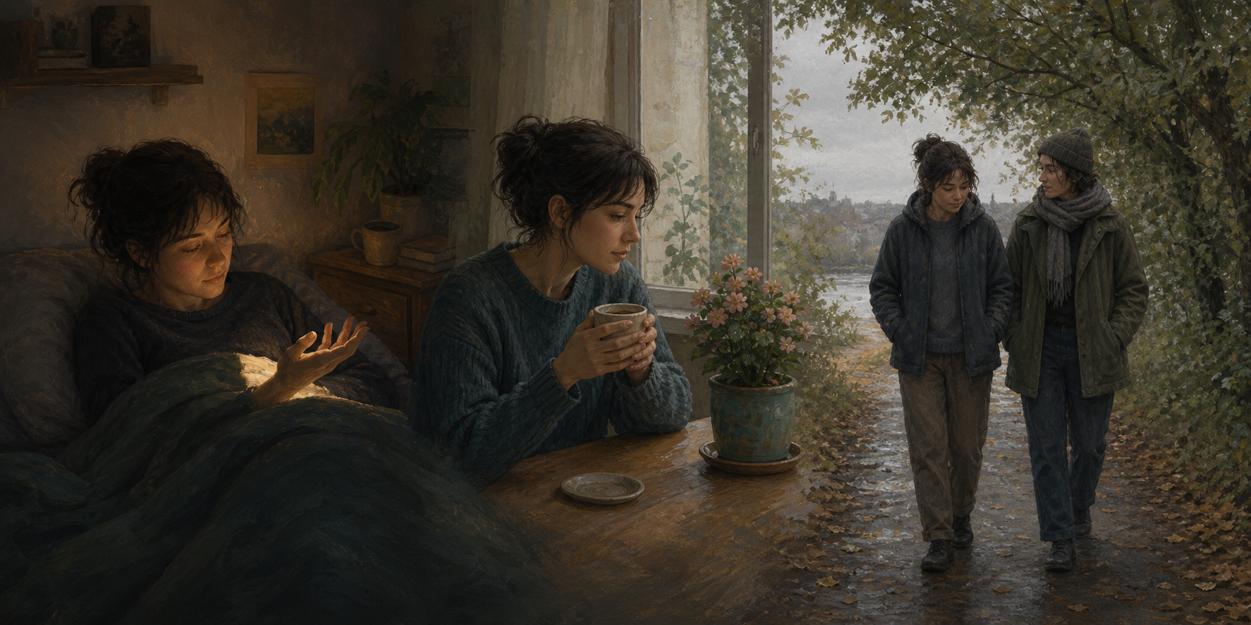 Three connected scenes show the same person resting under a blanket, sitting with a warm cup, and walking beside a companion beneath trees.
