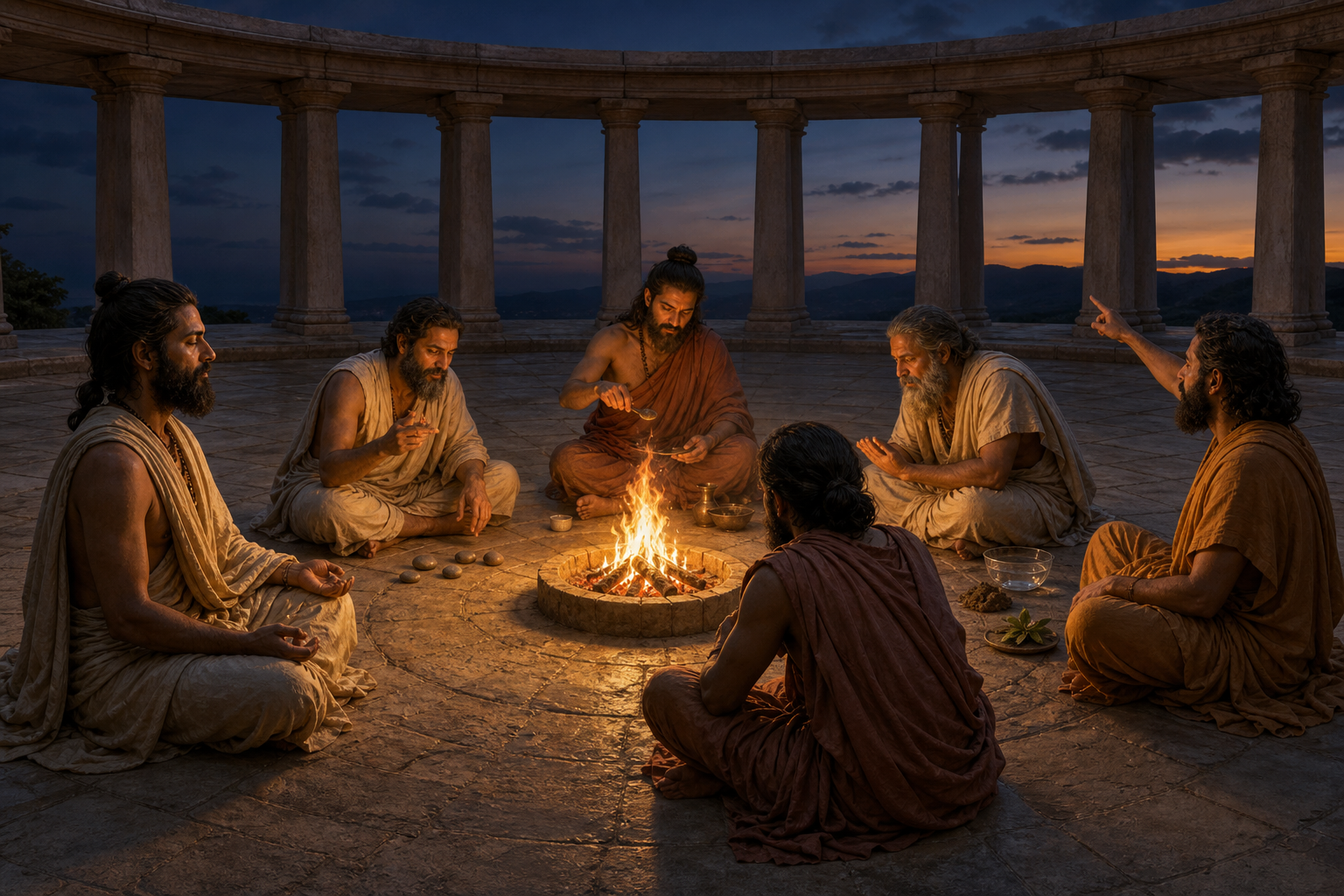 Six philosophers use different practices and gestures while debating in a circular courtyard around a shared fire.