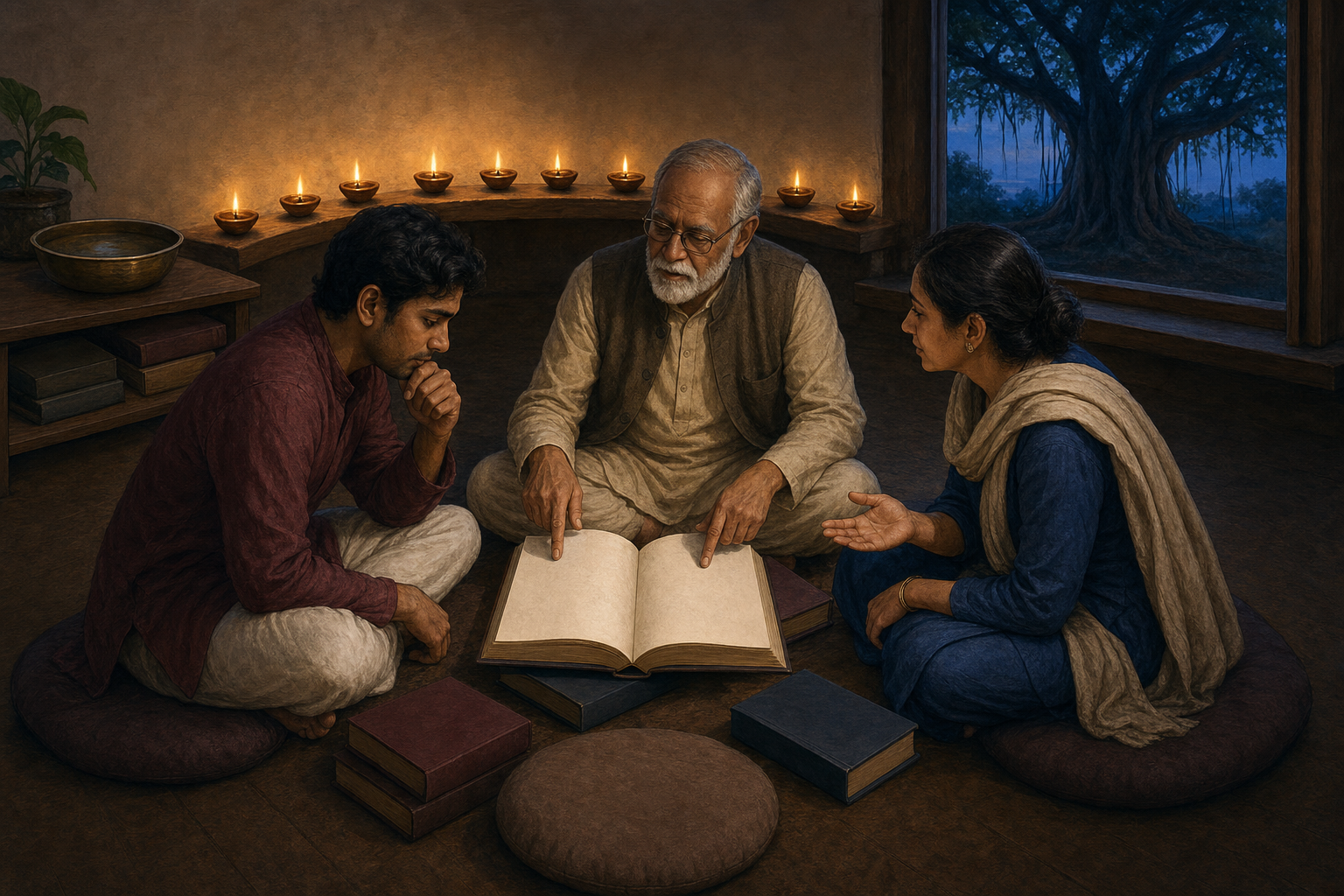 Three generations of readers discuss an open blank-paged volume in a lamplit room with nine oil lamps arranged behind them.
