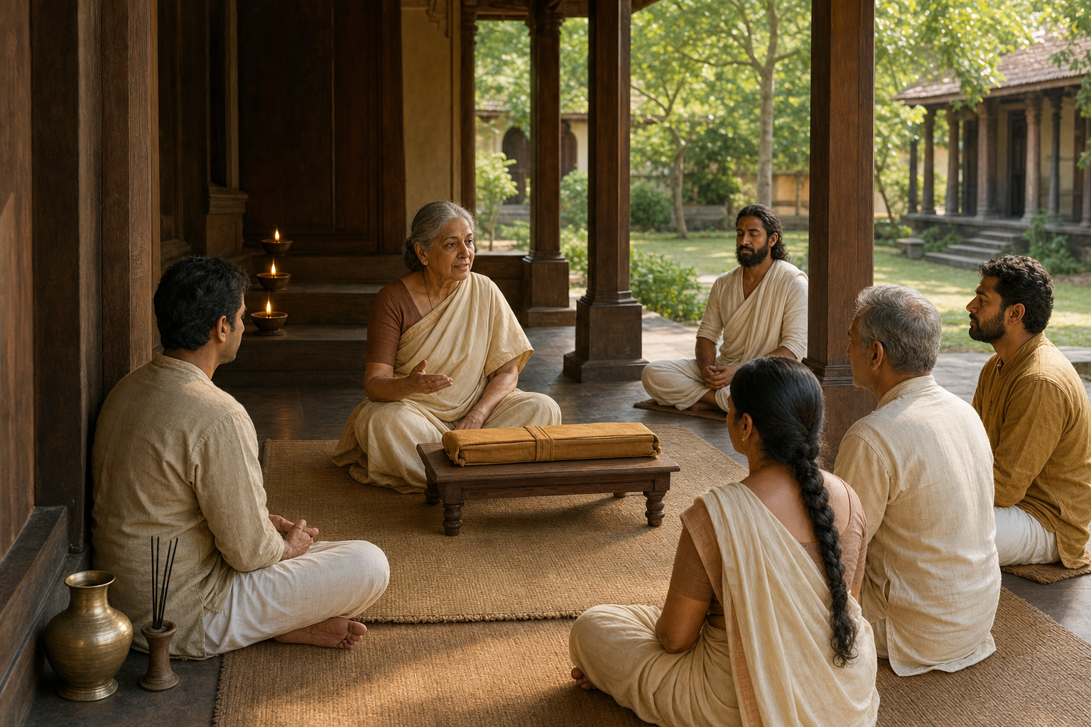 A woman teacher guides several adult students seated around a closed, cloth-wrapped palm-leaf manuscript in a shaded study hall.