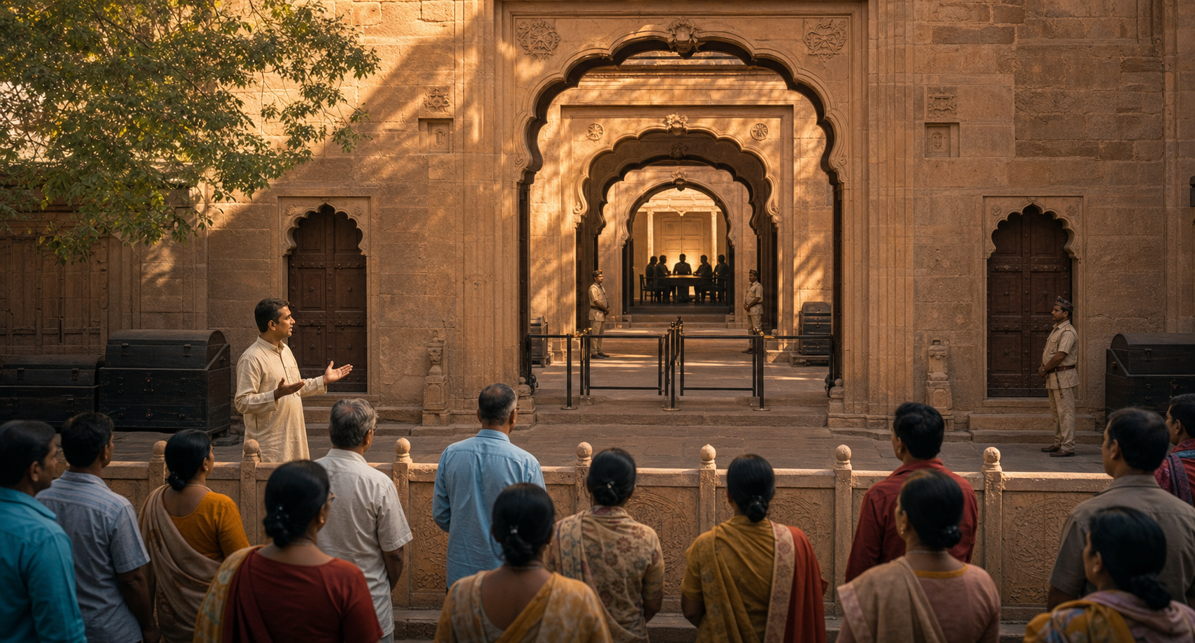 Devotees in a temple courtyard observe a distant, access-controlled heritage documentation process beyond guarded archways.