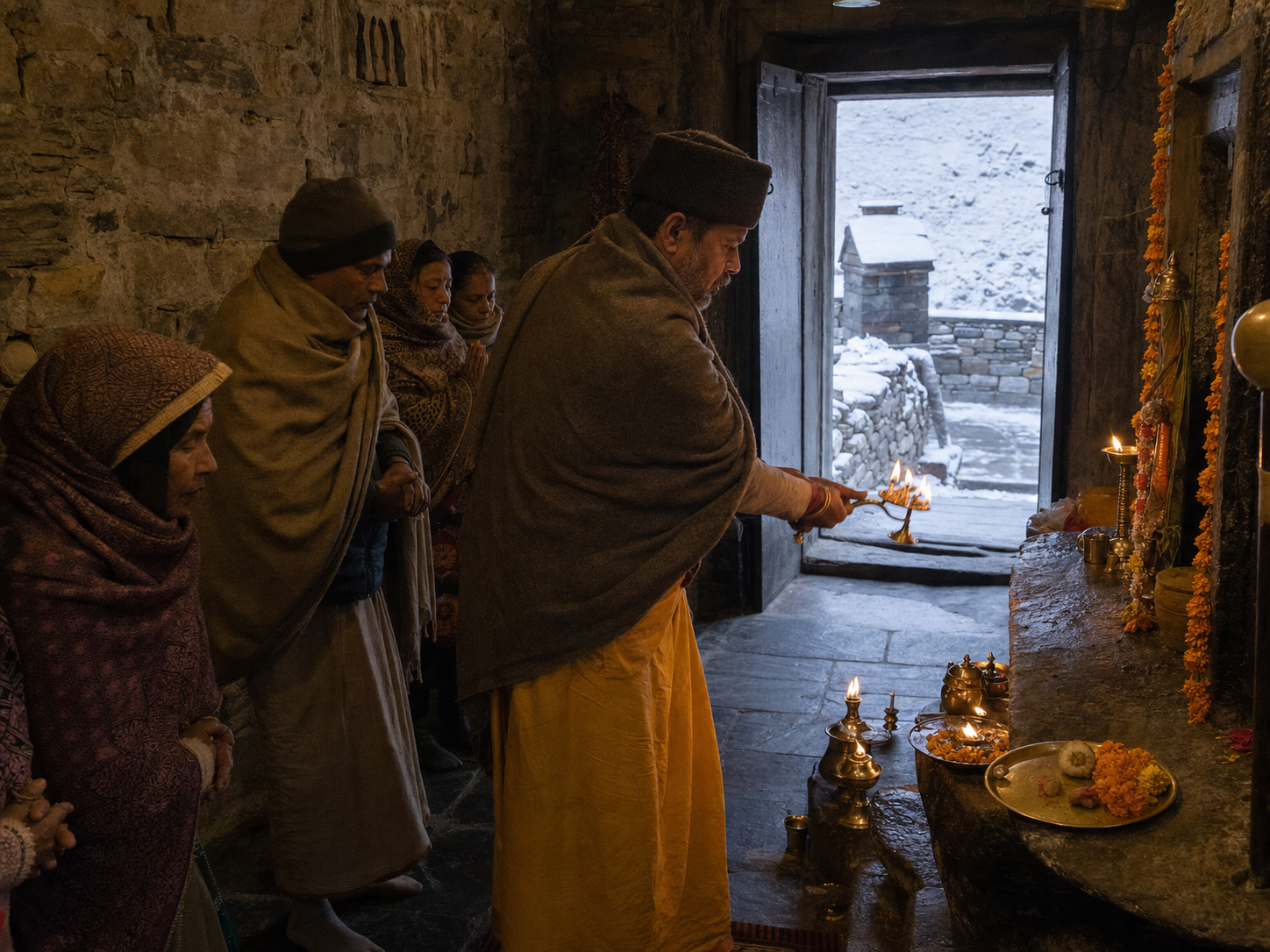 A priest and shawled worshippers conduct a quiet lamp offering inside the temple while a lightly snow-covered courtyard is visible through the doorway.
