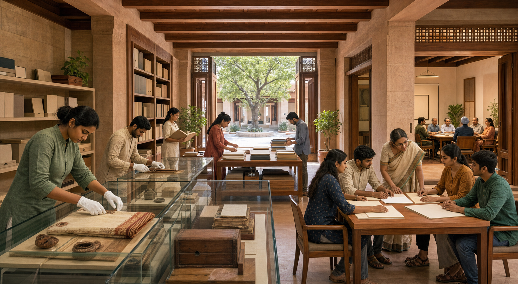 Archivists, librarians, teachers and community members work in a public knowledge center with artifact cases, study tables and a courtyard tree.