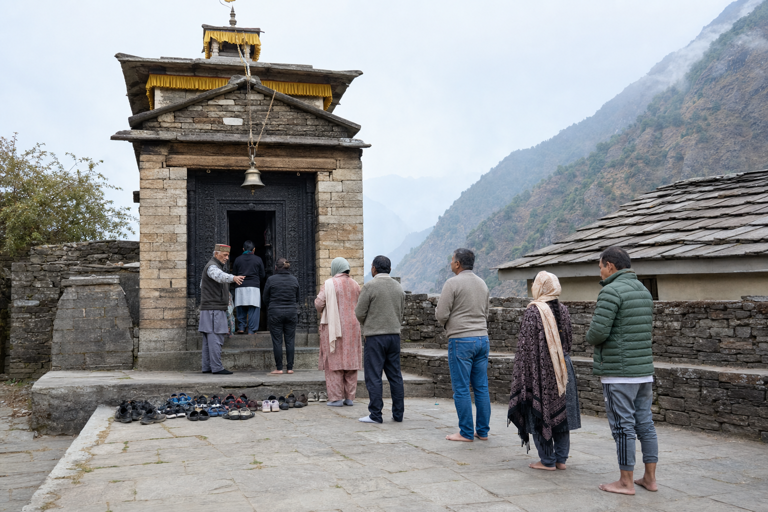 Pilgrims wait quietly outside a weathered stone temple entrance, with their footwear arranged at the edge of the courtyard.