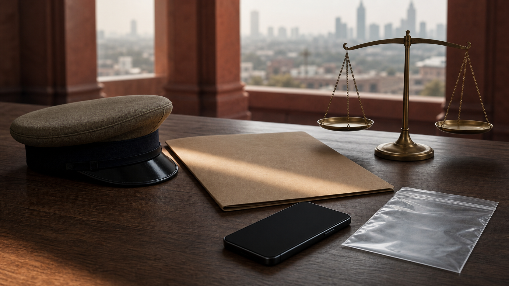 An unmarked police cap, closed evidence folder, blank-screen smartphone, evidence pouch, and brass scales sit on a desk in a Delhi-inspired civic setting.