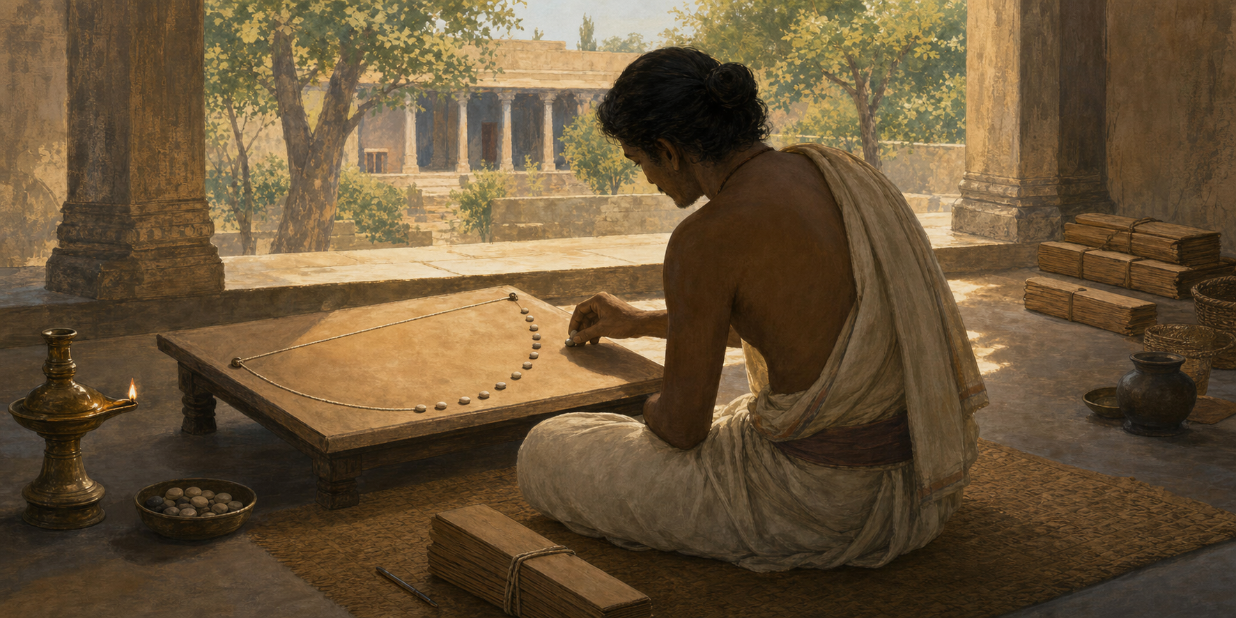 A premodern Indian scholar arranges counting stones on a dust board beside a measuring cord, a tied palm-leaf bundle, and an oil lamp.