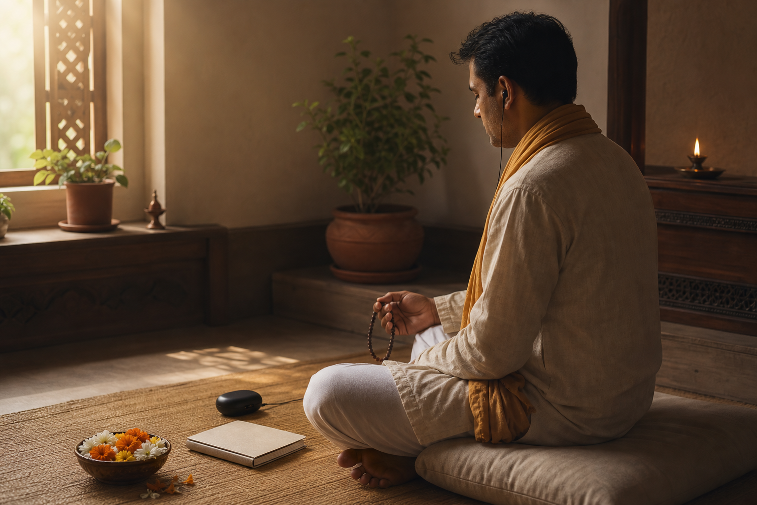 A bhakti practitioner listens to an audio device in a quiet prayer space while holding wooden prayer beads beside flowers and an oil lamp.