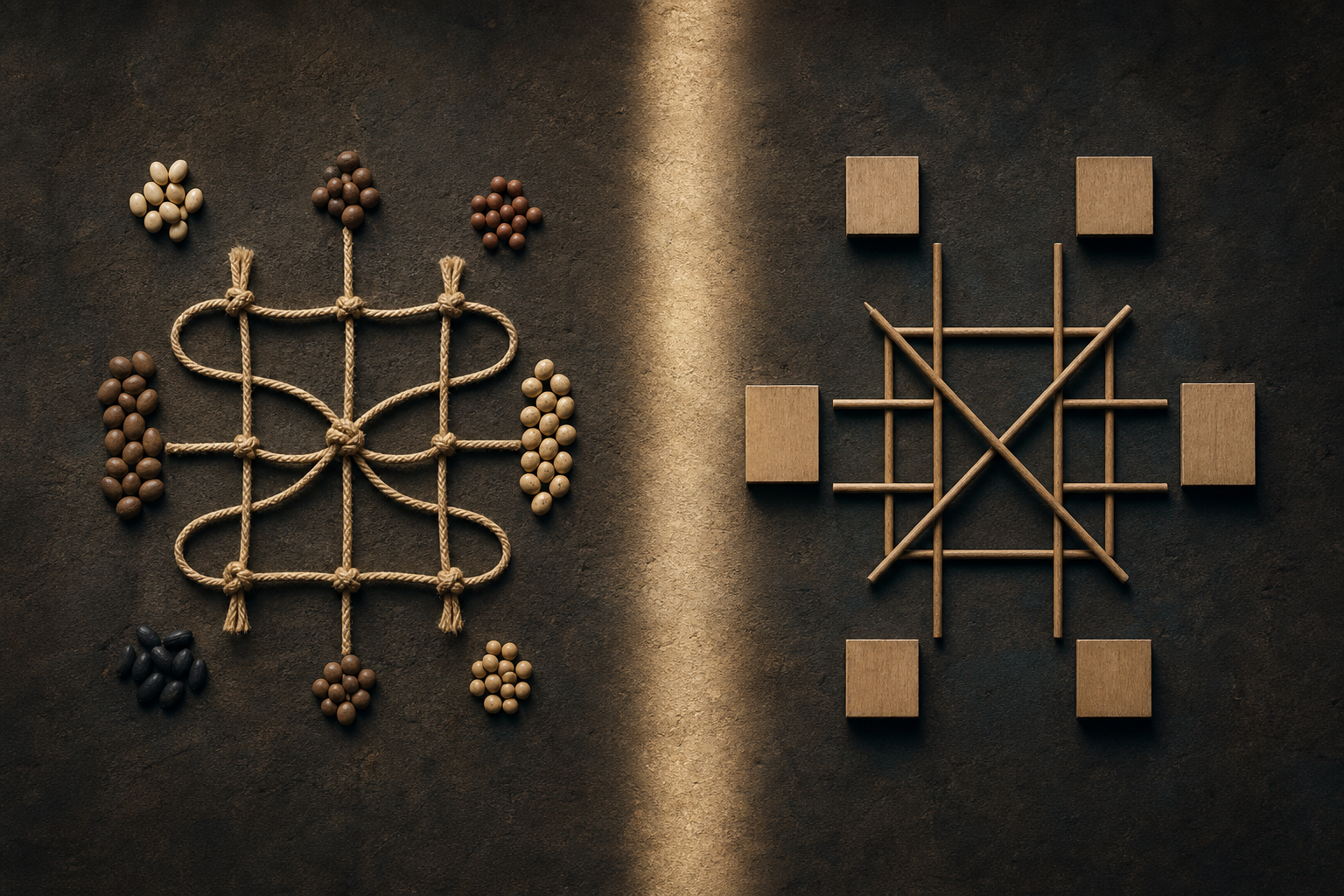 Two side-by-side arrangements use seeds and cord on one side and wooden tiles and rods on the other to represent a similar relationship in different forms.
