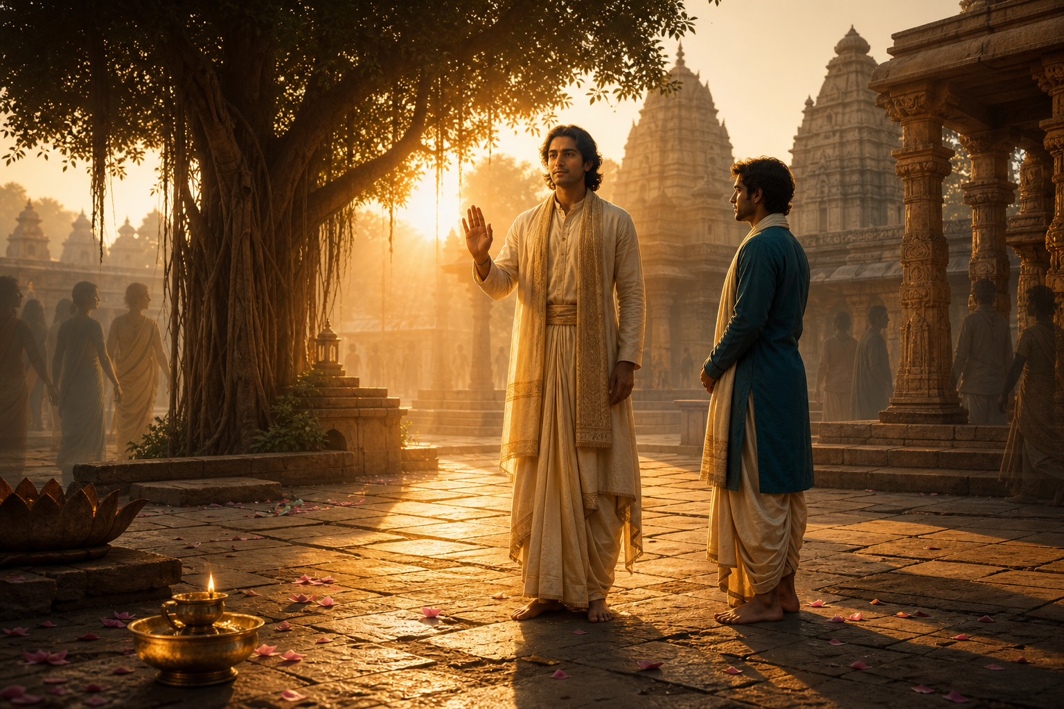 Contemplative figure in golden sunrise light outside an ancient Indian temple with a companion, diya lamp, banyan tree, and lotus petals.