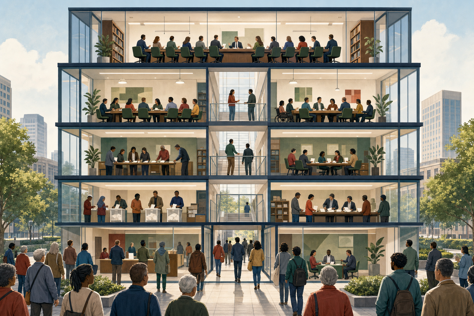 Cutaway illustration of a transparent political headquarters with inclusive meetings, ballots and oversight taking place on every floor.