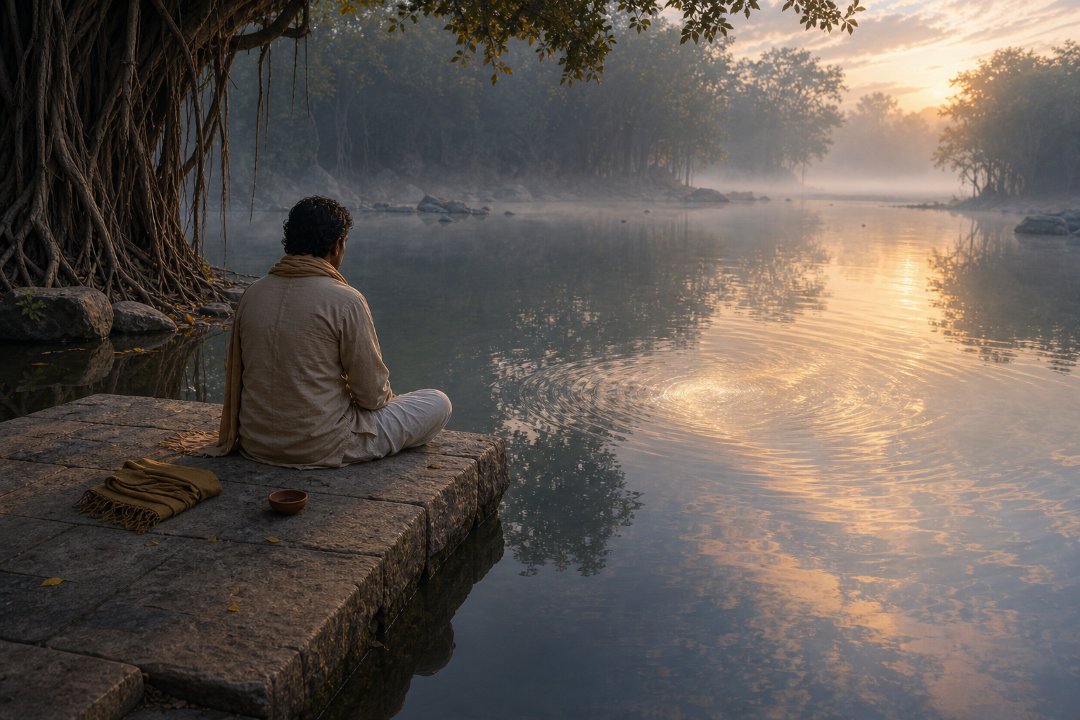 A seated seeker looks into a still forest pool as the reflected figure fades into ripples and the dawn sky.