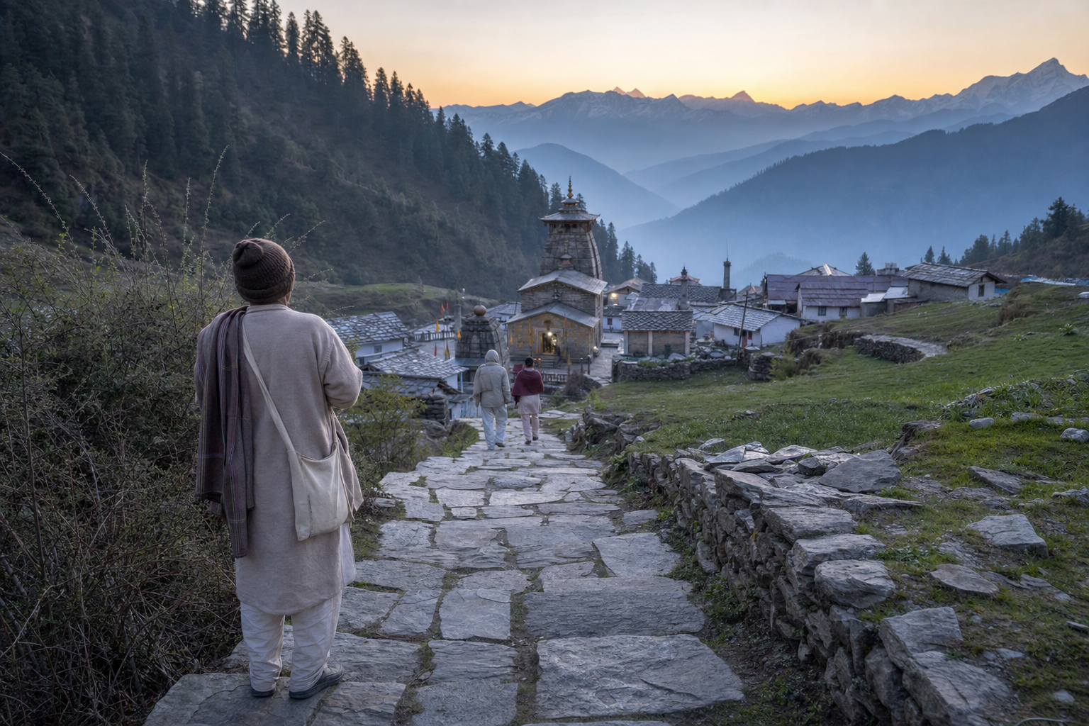 A pilgrim pauses on a mountain footpath overlooking the temple village of Pandukeshwar in the soft light before sunrise.