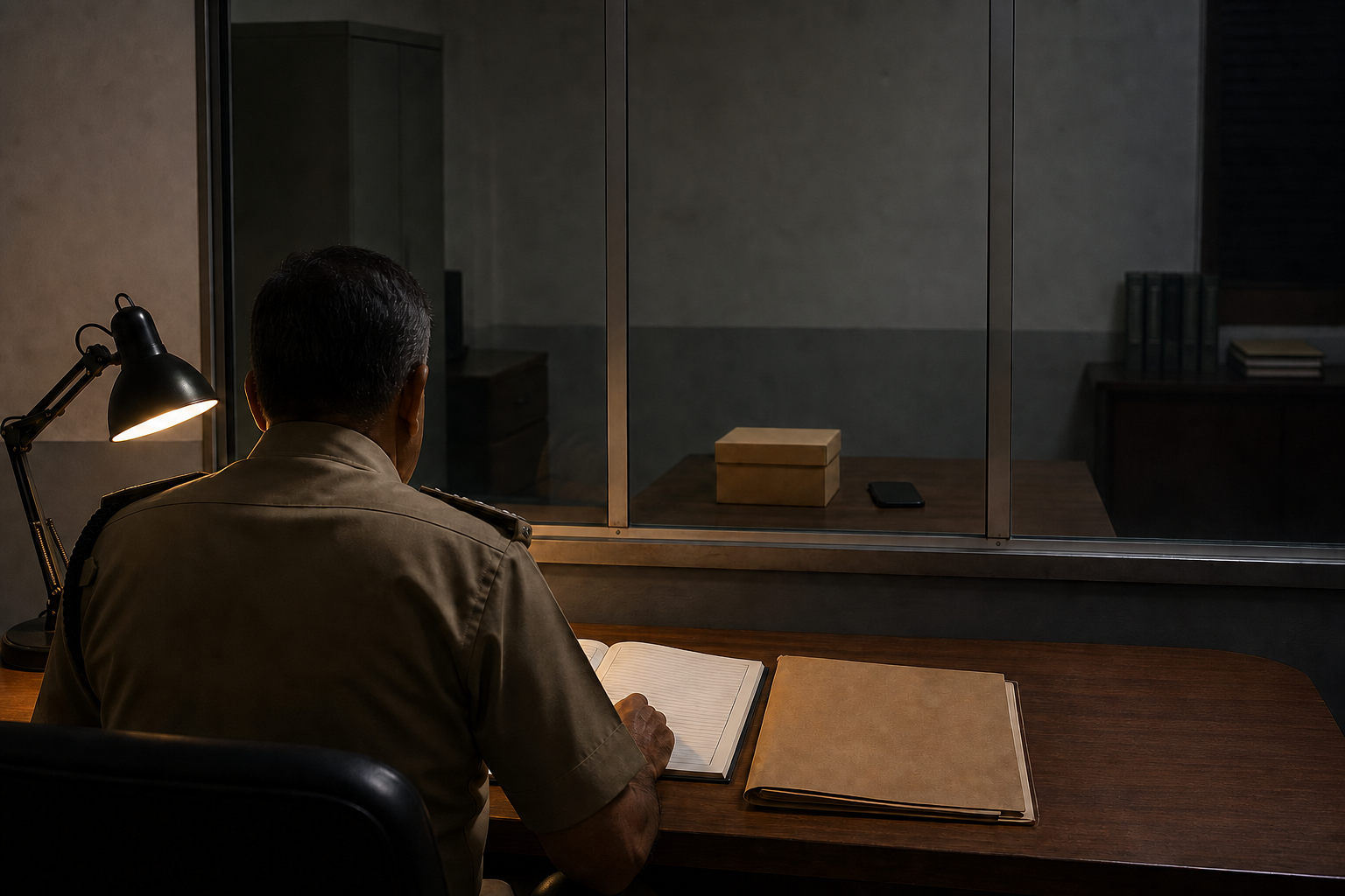 An officer reviews a plain personnel file at a desk while a sealed evidence box and smartphone remain separated behind glass.