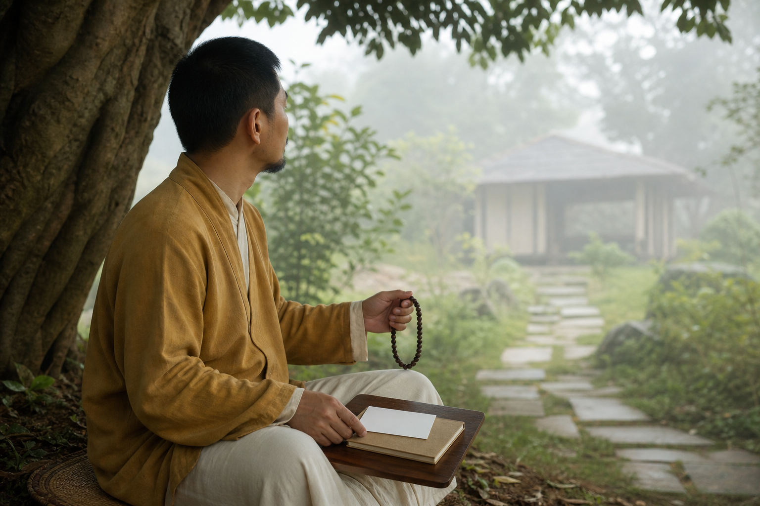 A practitioner pauses with prayer beads beside an unmarked card and closed notebook in a quiet retreat garden.