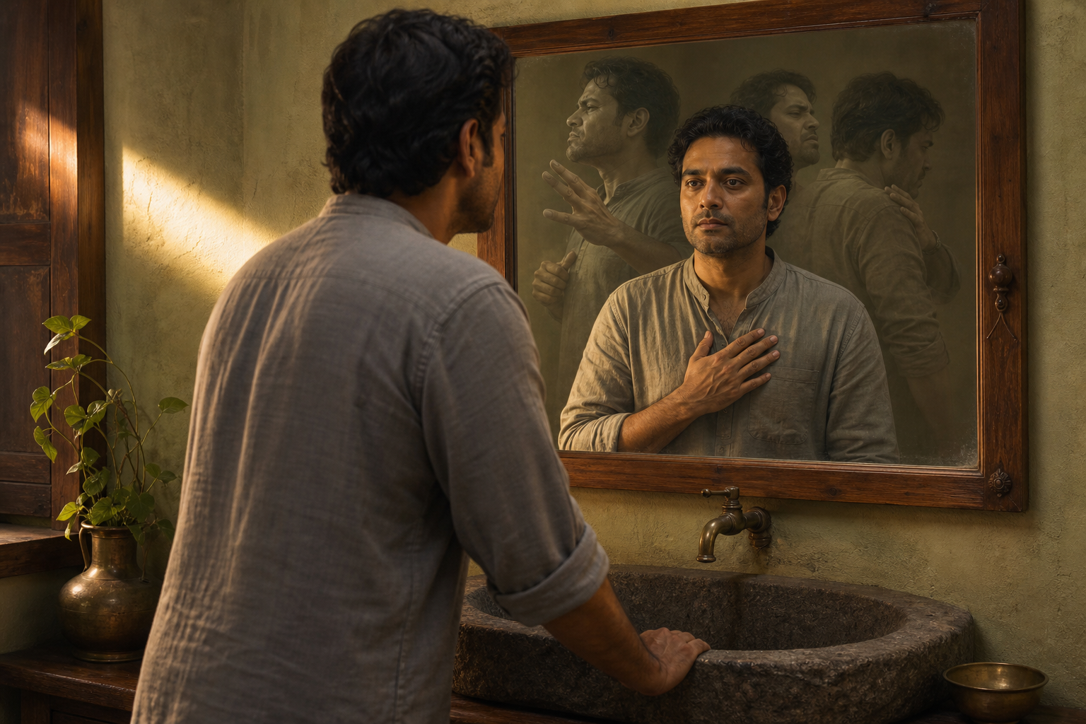 A person grips a washbasin and studies a layered mirror reflection showing subtle defensive gestures.
