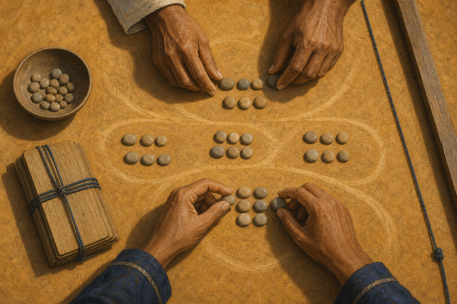 Hands reposition unmarked stones on a dust board beside a measuring cord, straightedge, bowl, and closed palm-leaf manuscript bundle.