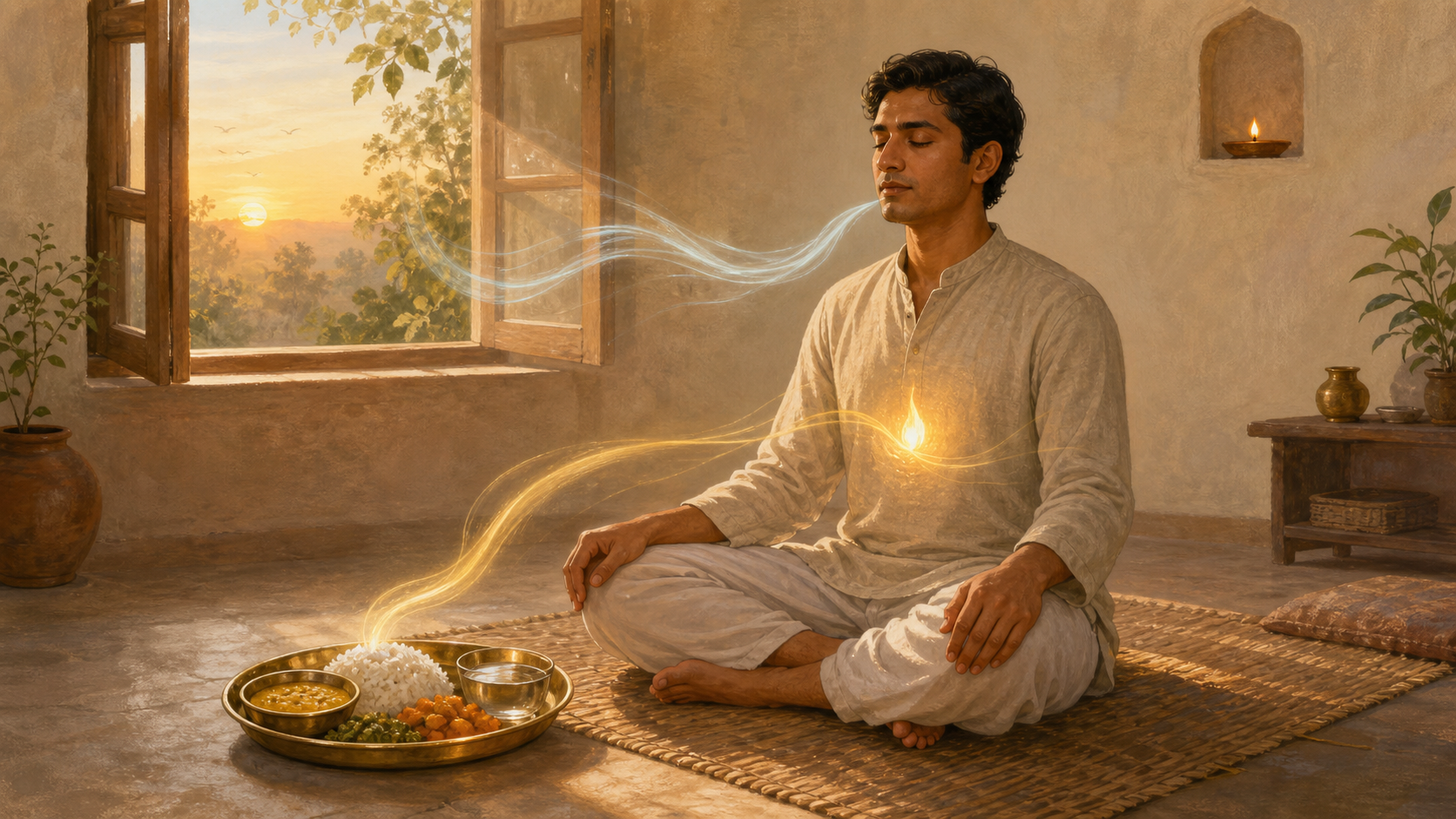 A seated adult beside a simple Indian meal, with gentle breath-like currents and a steady golden flame glowing symbolically at the center of the torso.
