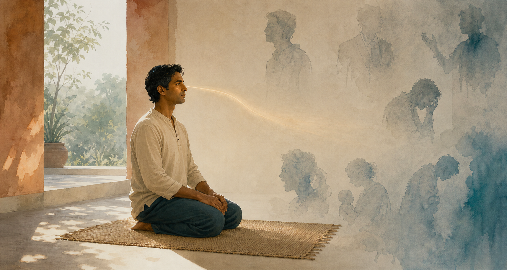 An alert seated person observes as faint silhouettes recede around them and warm light gathers near the center of the composition.