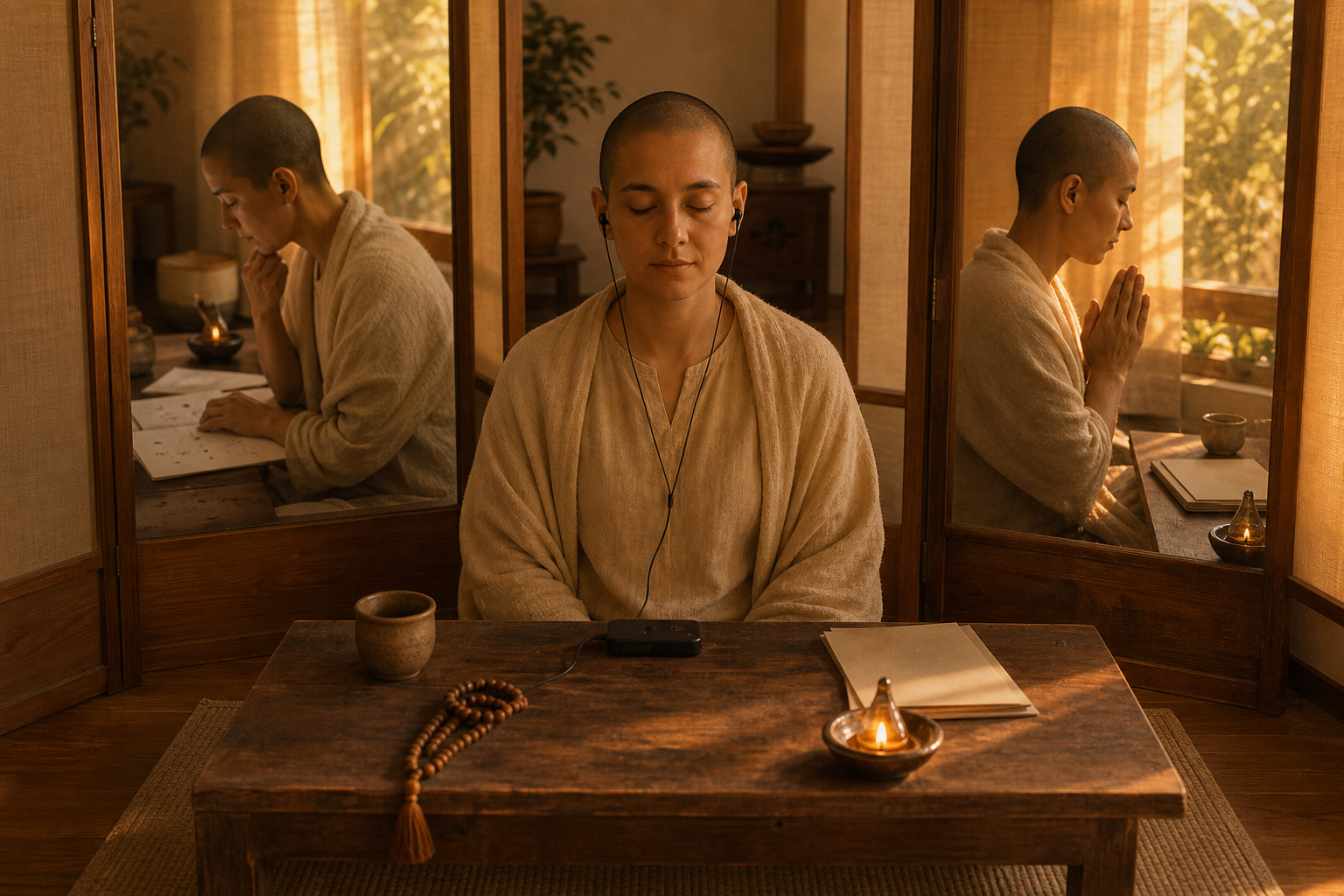 Three reflected moments show a practitioner listening, reviewing simple notes, and pausing with palms together in resolve.