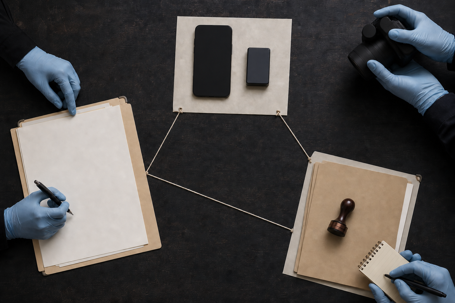 Three separate evidence stations contain a complaint folder, a smartphone with digital storage, and an official response file connected by evidence threads.
