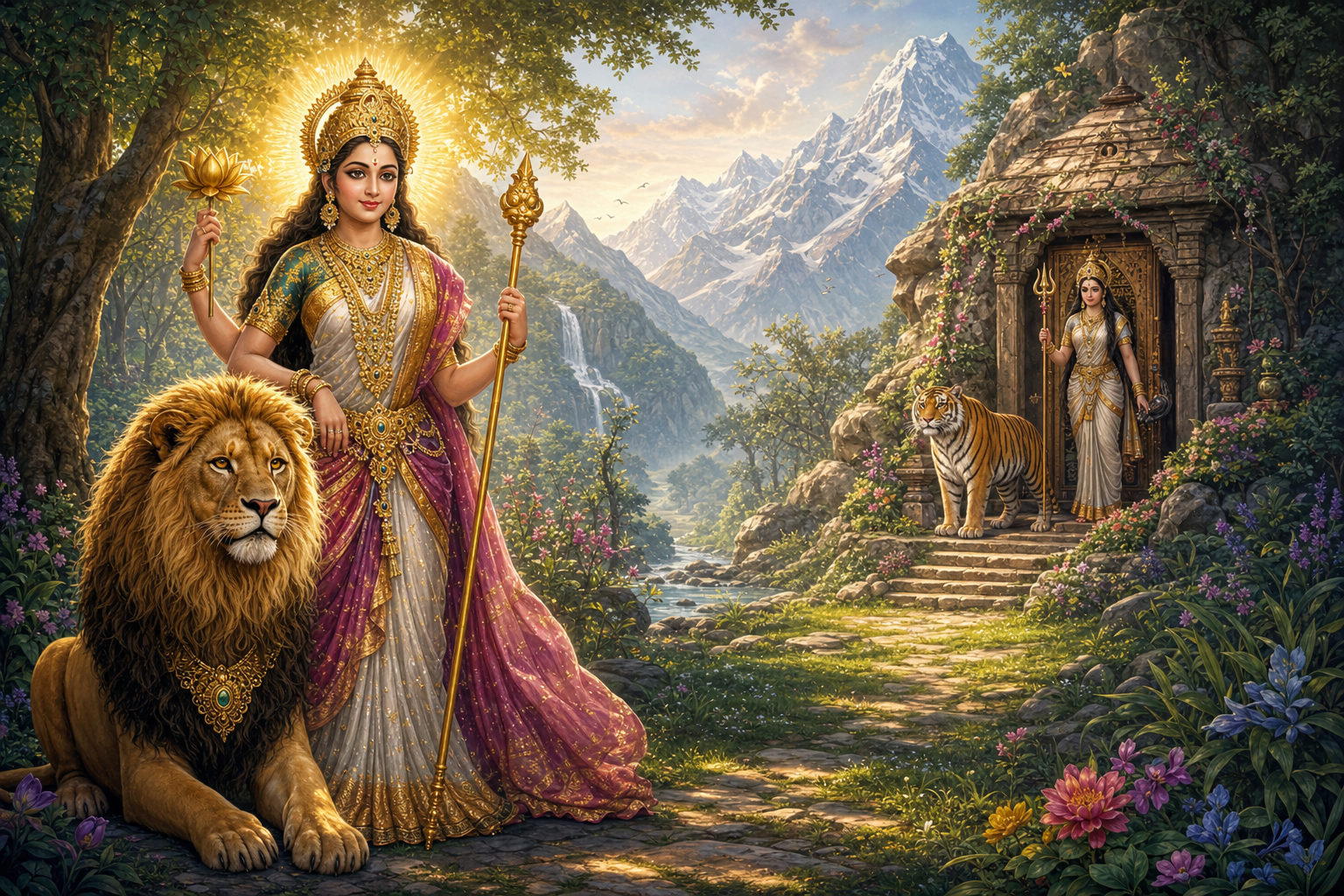 Kausiki stands with a lion in the foreground while a tiger guards Parvati's mountain hermitage in the distance.