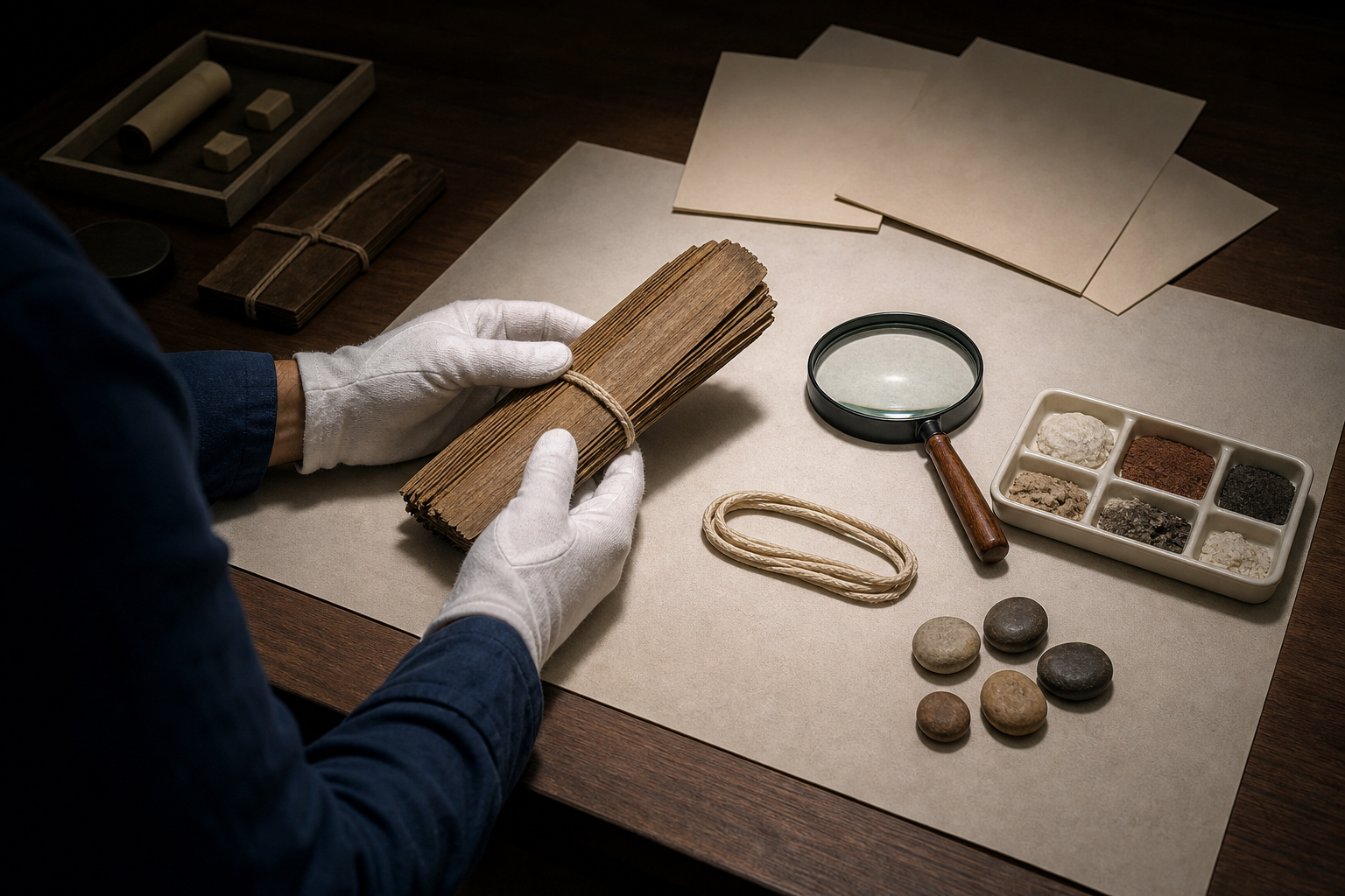 A gloved researcher examines a palm-leaf manuscript bundle at an archive table with measuring tools, counting stones, and material samples.