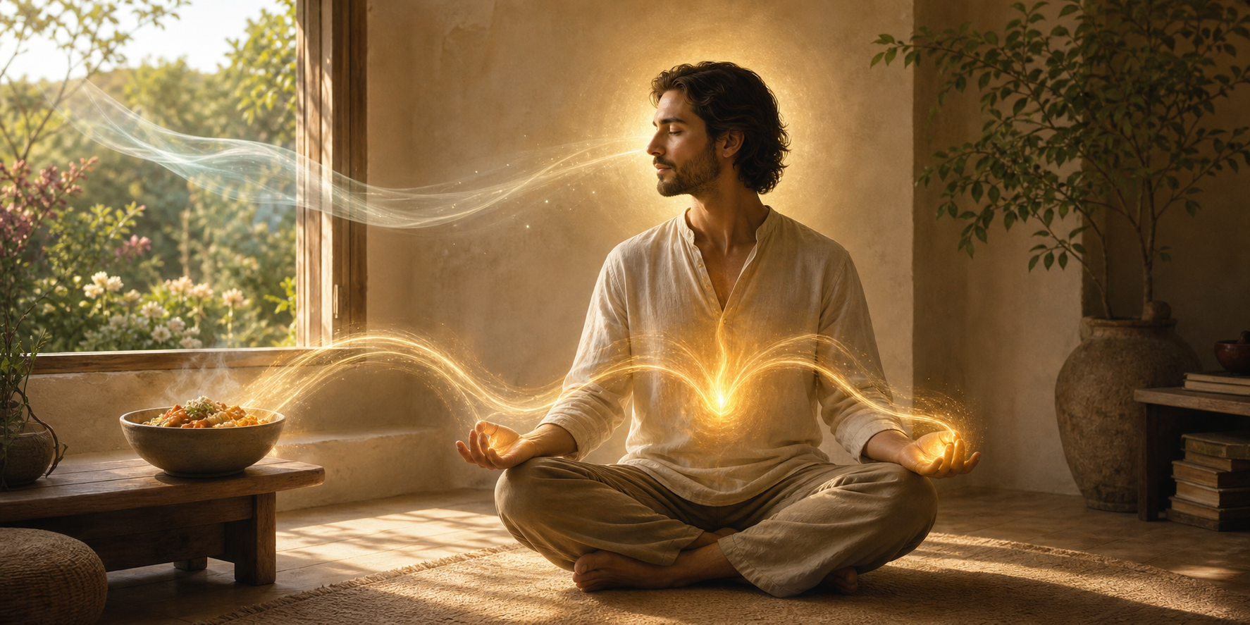 A calm seated figure receives visual streams from food, fresh air, garden light, and resting hands toward a small symbolic flame in the torso.